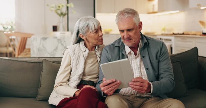 Streaming, happy or old couple in home with tablet, scroll or search for digital entertainment in retirement. Smile, conversation or senior people with tech, multimedia or online show in living room.