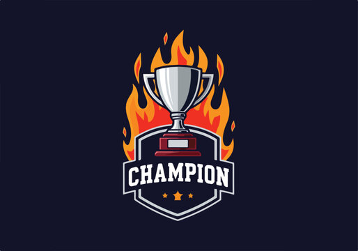 Champion Trophy Badge Logo Design with Flaming Fire Illustration.