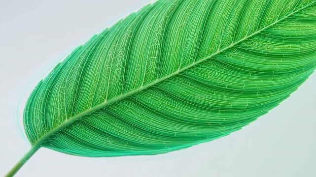 Close-up of a vibrant green leaf with detailed venation against a light background