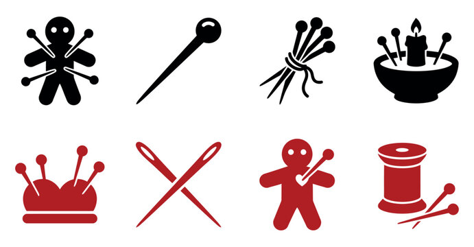 Set of voodoo doll and sewing needle icons with pins and candles for magic and craft design projects Vector, illustration