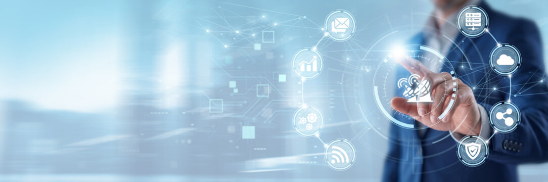 Telecommunications, Businessman touching telecommunications network dashboard and networking data, global communication systems, wireless connectivity infrastructure, digital transmission technology