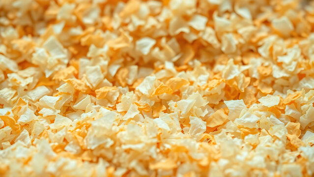 Recycled polypropylene flakes texture with extreme macro and warm gold