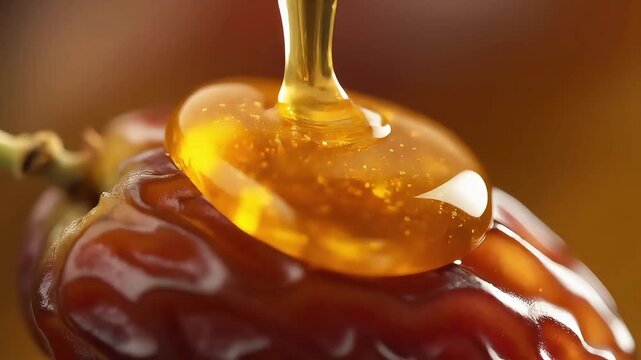Golden honey dripping onto a fresh date