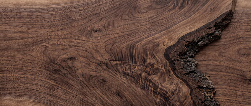 Close-up of luxurious walnut wood slab featuring an organic live edge with natural bark and rich dark brown grain texture, ideal for sophisticated backgrounds and rustic designs