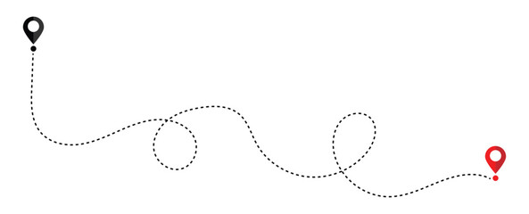 Route icon -  Route location icon two pin sign and dotted line. Dot line path route travel banner with location map pin icon. Travel vector icon. Travel from start point and dotted line tracking. © Jerrymoon