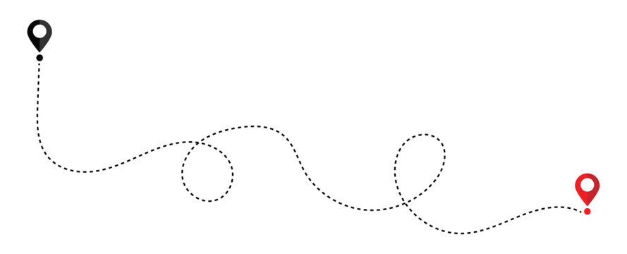 Route icon -  Route location icon two pin sign and dotted line. Dot line path route travel banner with location map pin icon. Travel vector icon. Travel from start point and dotted line tracking.