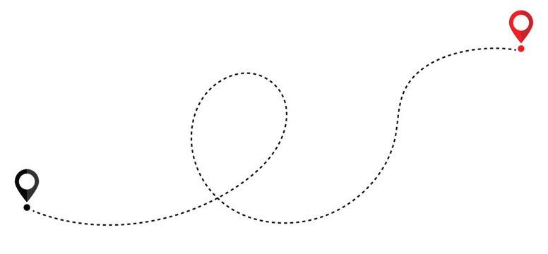 Route icon - two points with dotted path and location pin. Route location icon two pin sign and dotted line.Dot line path route travel banner illustration with location map pin icon.Travel vector icon