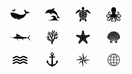 Black and white minimalist marine life and navigation icon set with flat design style high contrast against neutral background collection with collection © SabitaRani