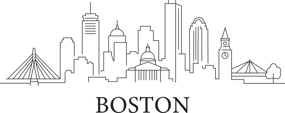 Simple line art depicts Boston's iconic skyline