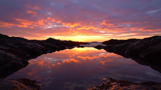 Dramatic sunset reflection in a rocky coastal tide pool