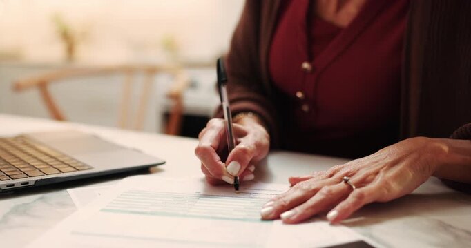 Hands, woman and signature in home with document, application and agreement for financial loan. Person, laptop and writing at house with paperwork, finance contract and compliance form for investment