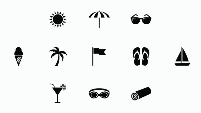 Minimalist black icons set featuring vacation essentials and summer fun elements in flat design style with all rendered bold black against neutral background sleek