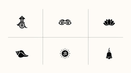 Obraz premium Minimalist black icon set featuring symbols of spirituality nature and tradition in flat design style with featuring five distinct symbols