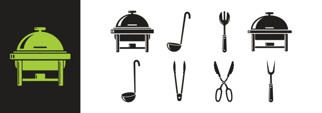 Catering icon set, flat black icons of chafing dish, ladle, 
serving fork and tongs for restaurant and buffet service design