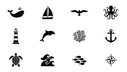 Maritime themed vector icons set featuring whale sailboat dolphin octopus and navigation symbols in minimalist black outline with showcases curated collection twelve distinct © SabitaRani