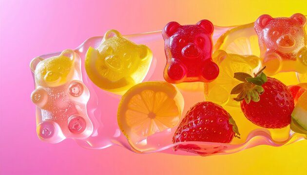 Transparent Gummy Bears and Fruits Suspended in Clear Gelatin
