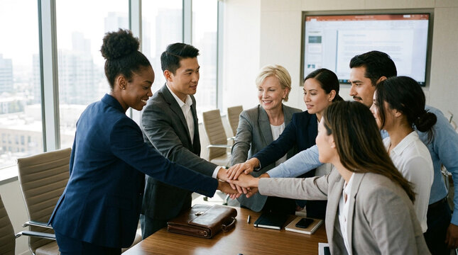 Diverse professional business team stacking hands together to show unity and collaboration during a corporate meeting in modern office space