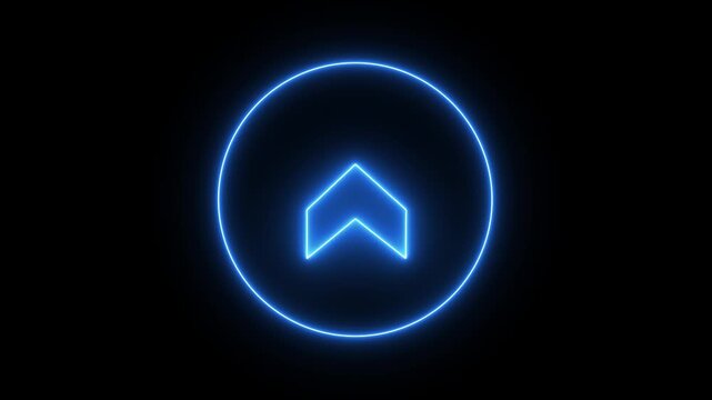 Glowing blue neon arrow sign inside circle frame, digital ui navigation for modern technology interfaces alpha channel. direction symbol indicating back or previous page. simple cyan pointer showing 