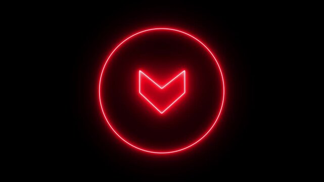 Pulsing red neon circle with downward arrow animation on black background, glowing alpha channel. direction symbol indicating back or previous page. simple red pointer showing opposite direction