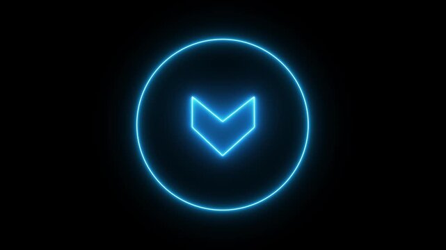 Neon blue glowing downward arrow animation on black background, for ui interface, direction, alpha channel. direction symbol indicating back or previous page. simple blue pointer showing opposite 