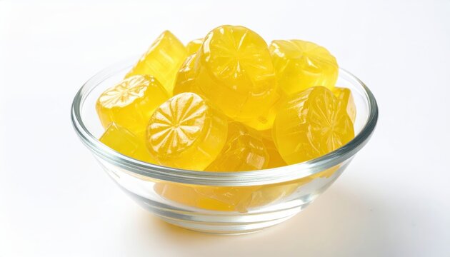 Translucent Lemon Drop Candies in a Glass Bowl Under Studio Lights