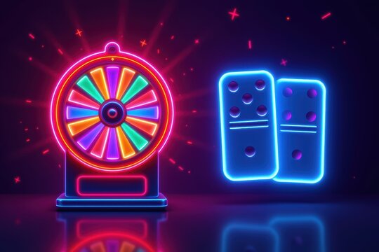 Neon glowing roulette wheel and domino tiles on purple background with reflections.