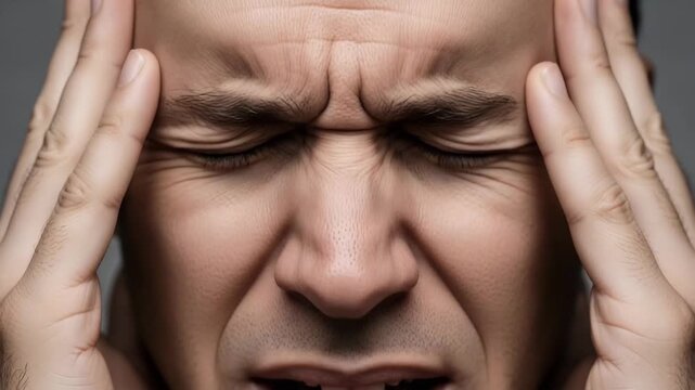 Intense Headache A close up shot captures a man grimacing with pain his eyes squeezed shut as he clutches his temples conveying the debilitating feeling of a severe headache