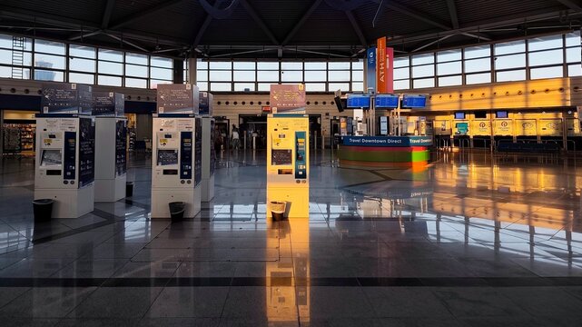 Photo of the automated self-service ticket kiosks at the transit hub serving Athens International Airport, illuminated by the warm glow of the early morning sun.