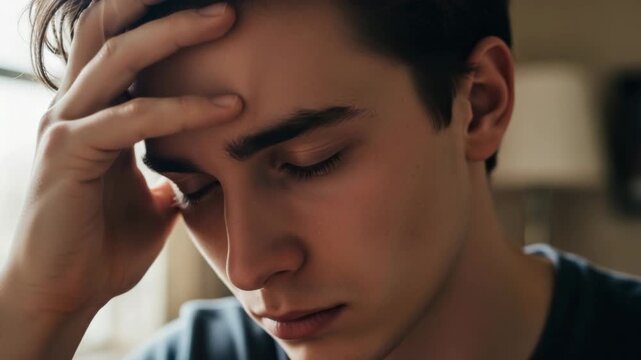 A Moment of Deep Thought A young man with a pensive expression touches his forehead lost in contemplation or perhaps grappling with a difficult decision