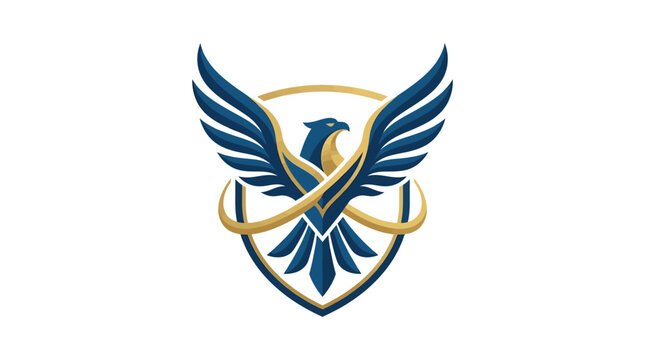 Blue and gold bird emblem logo.