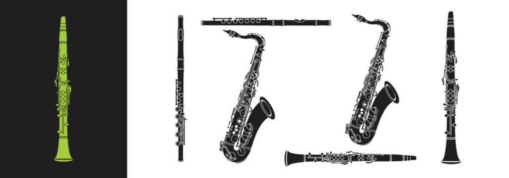 Woodwind instrument icon set, black icons of clarinet, saxophone, 
oboe and flute for music and orchestra design