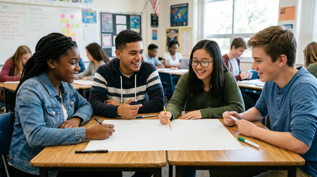 Diverse group of happy high school students working together on a creative project at a desk in a classroom setting
