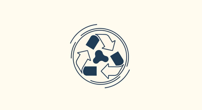 A stylized graphic illustration of a recycling symbol with three arrows and an abstract central element, enclosed within concentric dashed circles on a light background.
