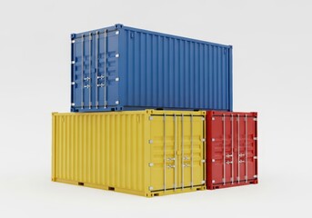 Fototapeta premium Stacked Colorful Cargo Shipping Containers (Blue, Yellow, Red) Isolated on White Background for Logistics and Trade