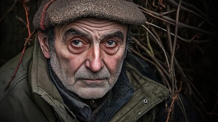 Fototapeta premium Weathered Man in Field: Character Portrait of an Older Man in Nature