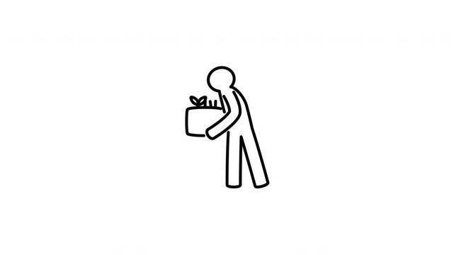 Minimalist outline animation of a worker carrying a box of belongings for a job resignation drawing on and fading out. Features 3 color setups.