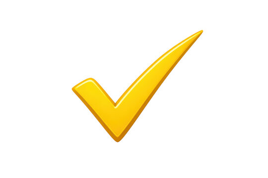 Glossy yellow check mark icon illustration, 3D approval tick symbol, validation and completed task sign for UI isolated PNG with Transparent Background