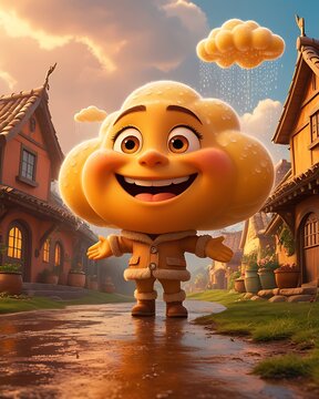 Happy cloud character village rainfall adventure illustration images