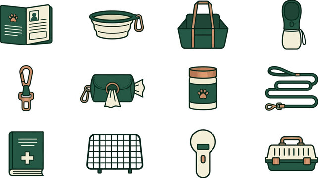 Twelve essential pet care and travel gear icons in a balanced grid layout for modern veterinary or pet shop
