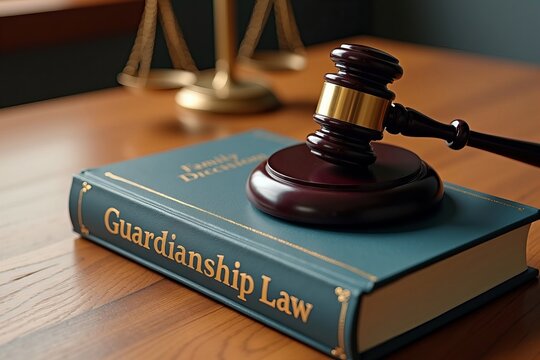 Intimate View of a Judge's Gavel Suspended Above Guardianship Law, Bathed in Soft Light to Emphasize the Rich Textures of a Wooden Desk, Reflecting the Gravity of Family Decisions.