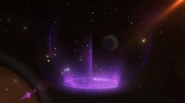 Portal emits a vibrant purple glow from a circular base surrounded by floating particles and distant cosmic structures to symbolize science fiction discovery and interdimensional travel concepts.