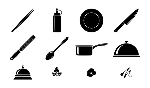 Kitchen Utensil and Restaurant Cooking Tool Silhouette Icon Set, Black Vector Collection