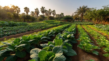 Fototapeta premium Lush Vegetable Garden at Sunrise with Vibrant Green Crops, Rows of Fresh Produce, Palm Trees, and Soft Morning Light in Agricultural Landscape