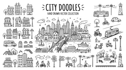 Obraz premium Hand Drawn City Doodles Collection Featuring Urban Buildings and Transportation Elements in a Sketchy Vector Style