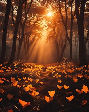 Radiant autumn forest sunlight golden foliage pathway wallpaper images