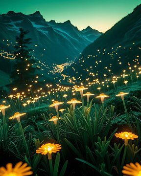 Radiant flower valley dreamy night firefly scenery photos