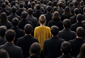 Obraz premium Woman in yellow stands out in a crowd of people wearing black