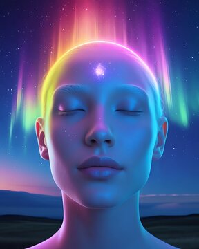Serene woman closed eyes cosmic neon portrait pictures