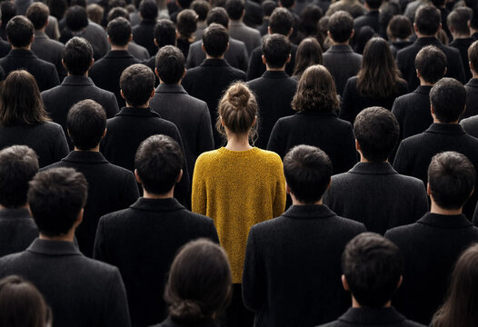 Woman in yellow stands out in a crowd of people wearing black