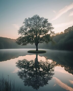 Solitary tree peaceful island sunrise reflection landscape pictures